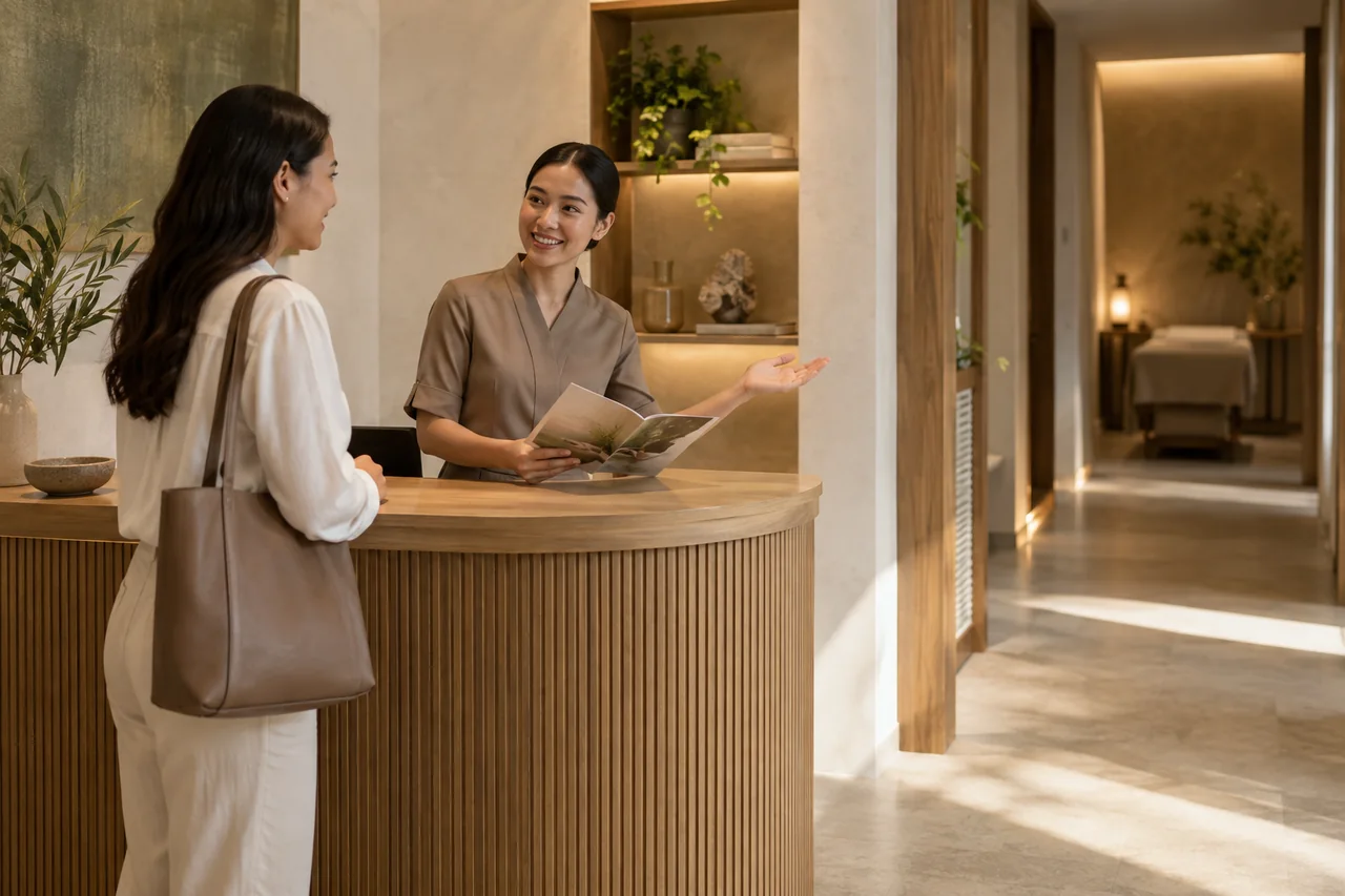 Concept visual: A receptionist welcoming a guest to a wellness venue