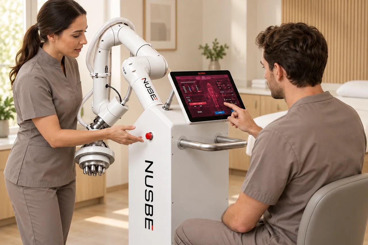 Concept visual: A trainer and operator reviewing the NUSBE console and stop control