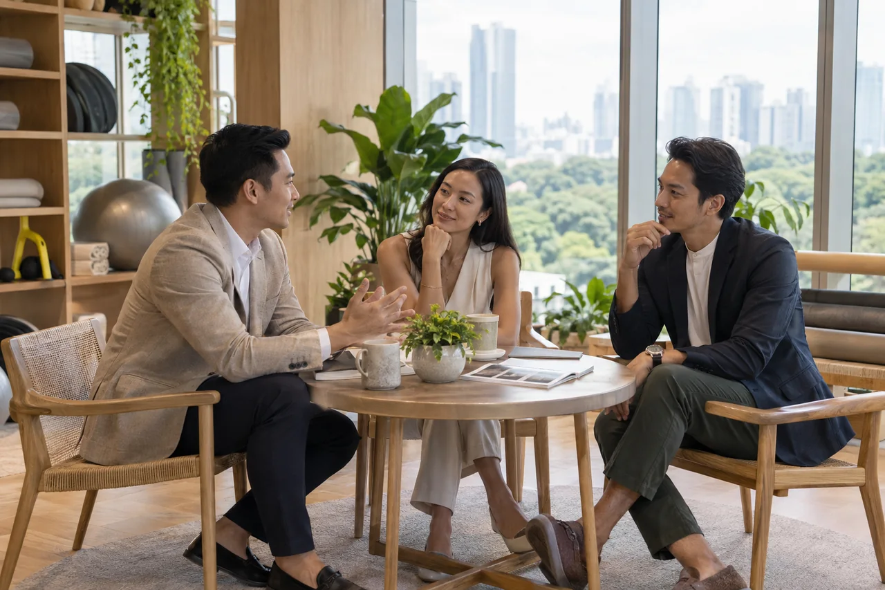 Concept visual: Three business partners discussing a wellness service