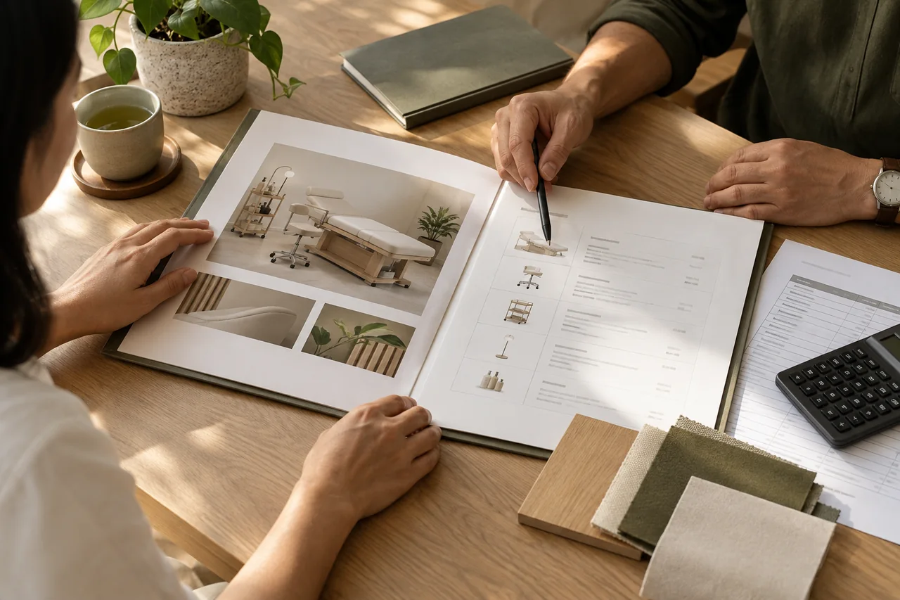 Concept visual: Hands reviewing proposal materials and room requirements