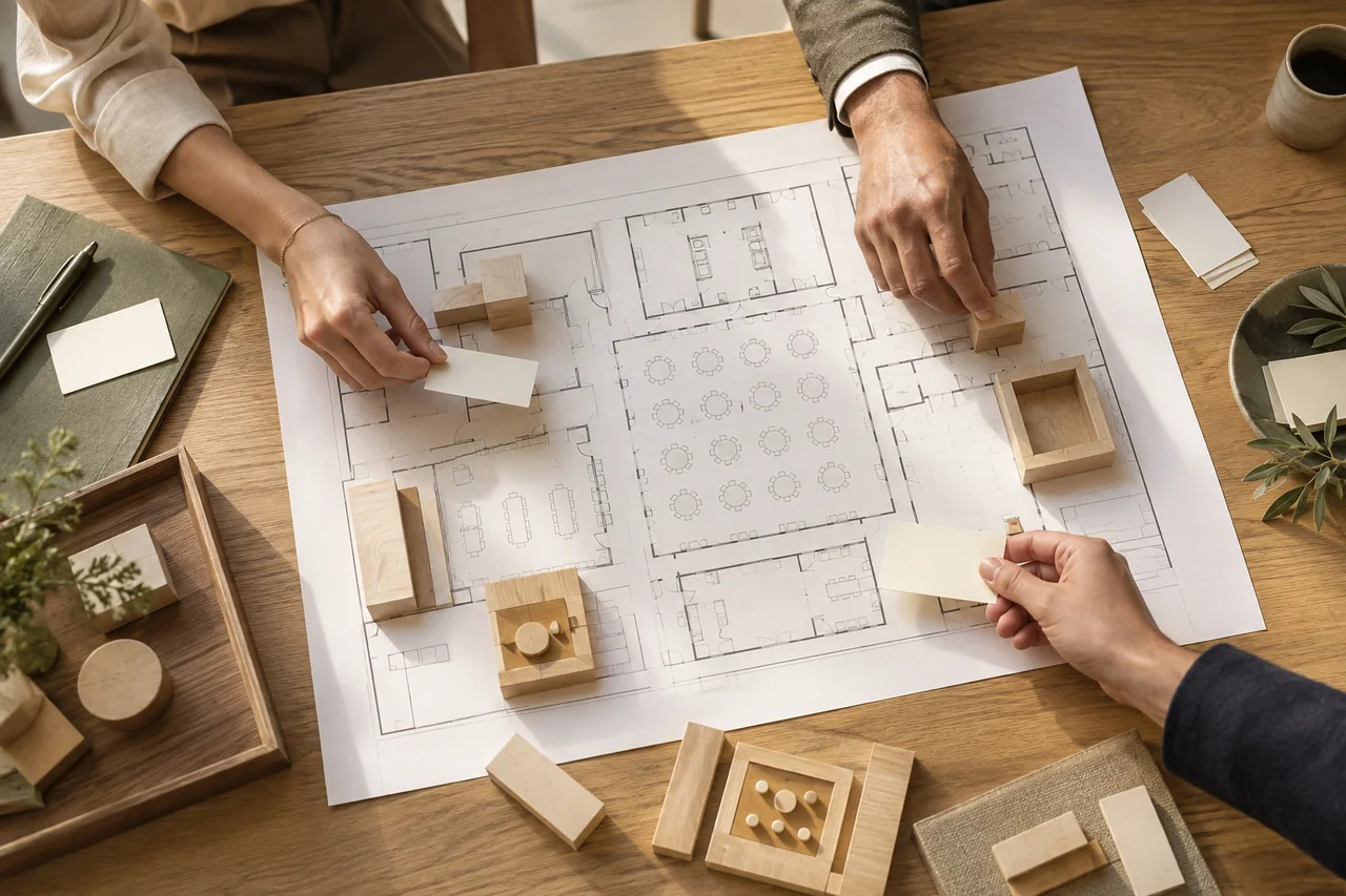 Concept visual of a team planning several venue layouts