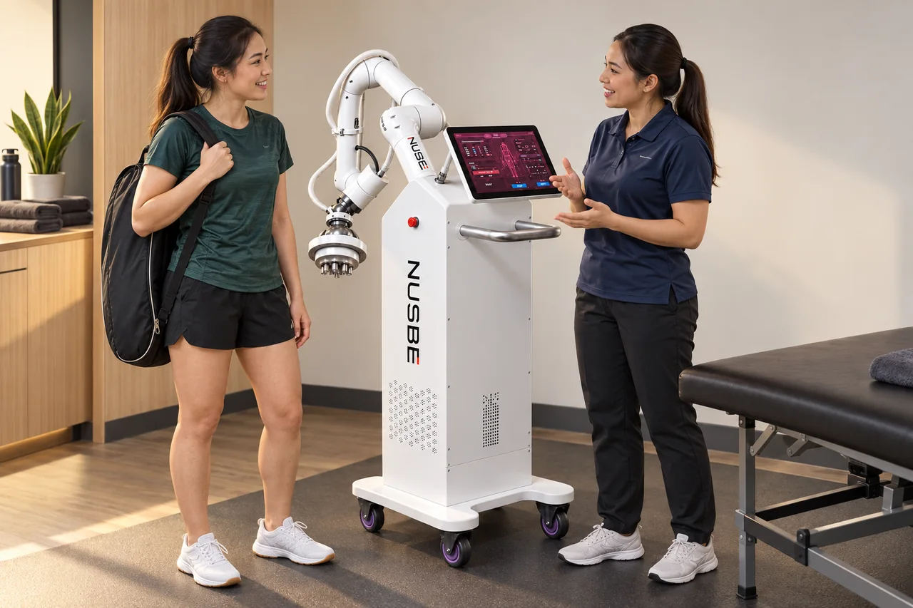 Concept visual of a badminton player speaking to an operator beside the NUSBE system
