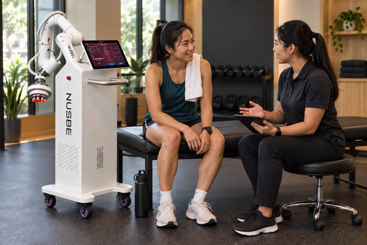 Concept visual: A runner discussing her session with an operator beside the NUSBE machine