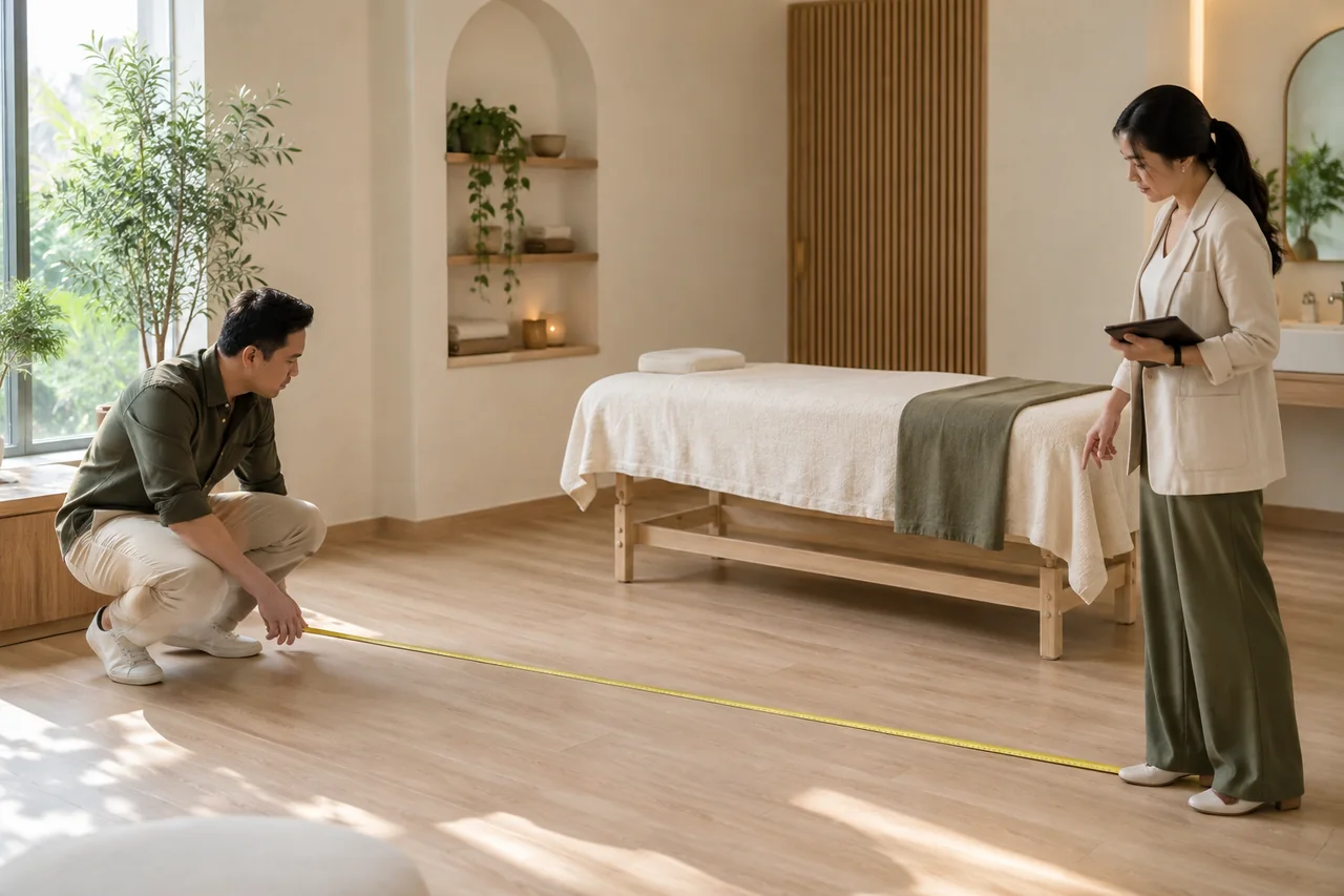 Concept visual: A venue owner and adviser measuring clear space beside a session bed