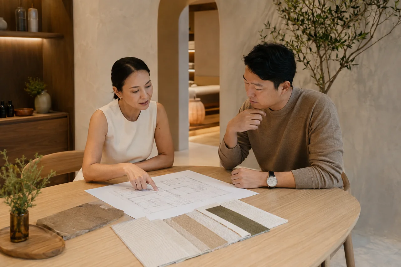 Concept visual of a venue owner and adviser reviewing a wellness room plan