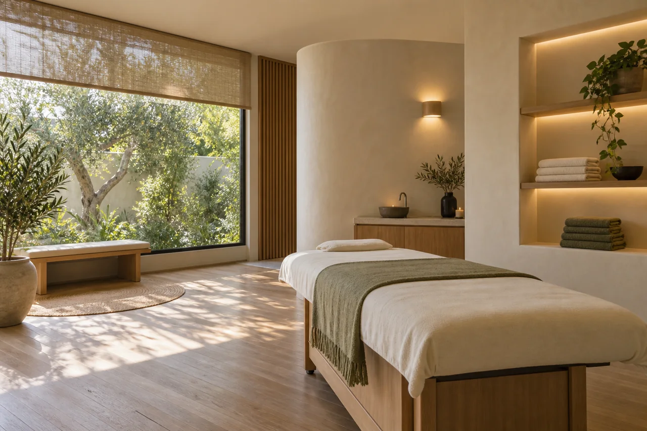 Concept visual of a private wellness room with space around the session bed