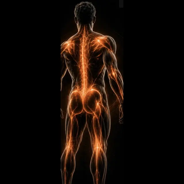 Rear-view anatomy illustration with warm orange highlights along the back, shoulders, hips and legs