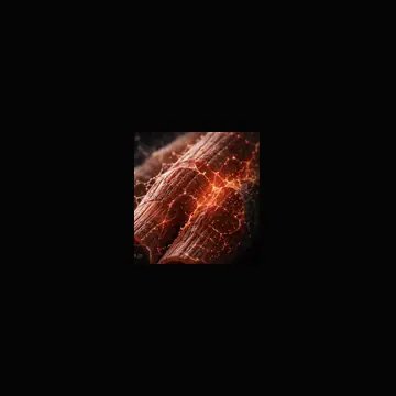 Close view of reddish muscle fibres with glowing orange cell-like details