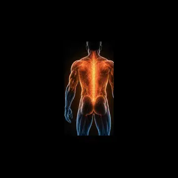 Rear-view anatomy figure with an orange back and upper body, fading to blue forearms, hands and upper thighs
