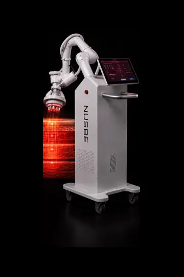 White NUSBE robotic system with its applicator above an illustrated layered surface
