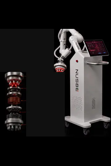 Exploded applicator illustration beside the complete white NUSBE robotic system