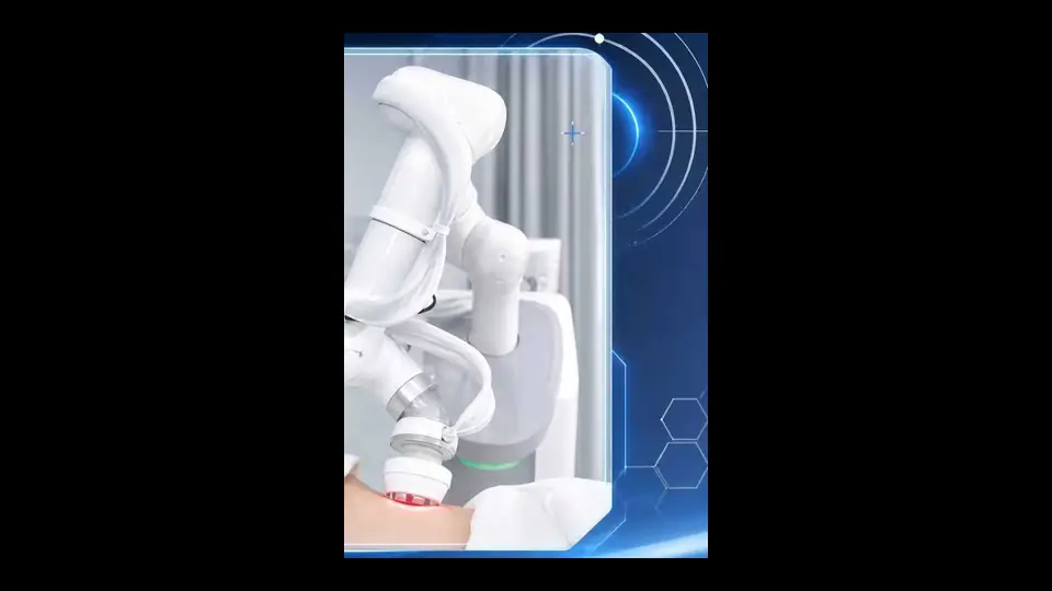 White robotic applicator positioned just above a person's bare torso