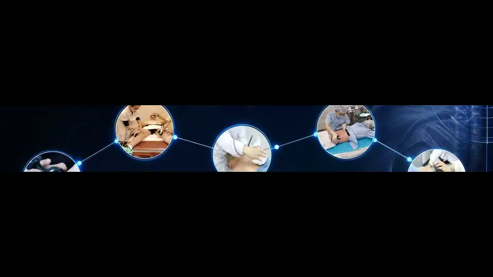 Sequence of supervised wellness-session photographs connected across a dark blue background