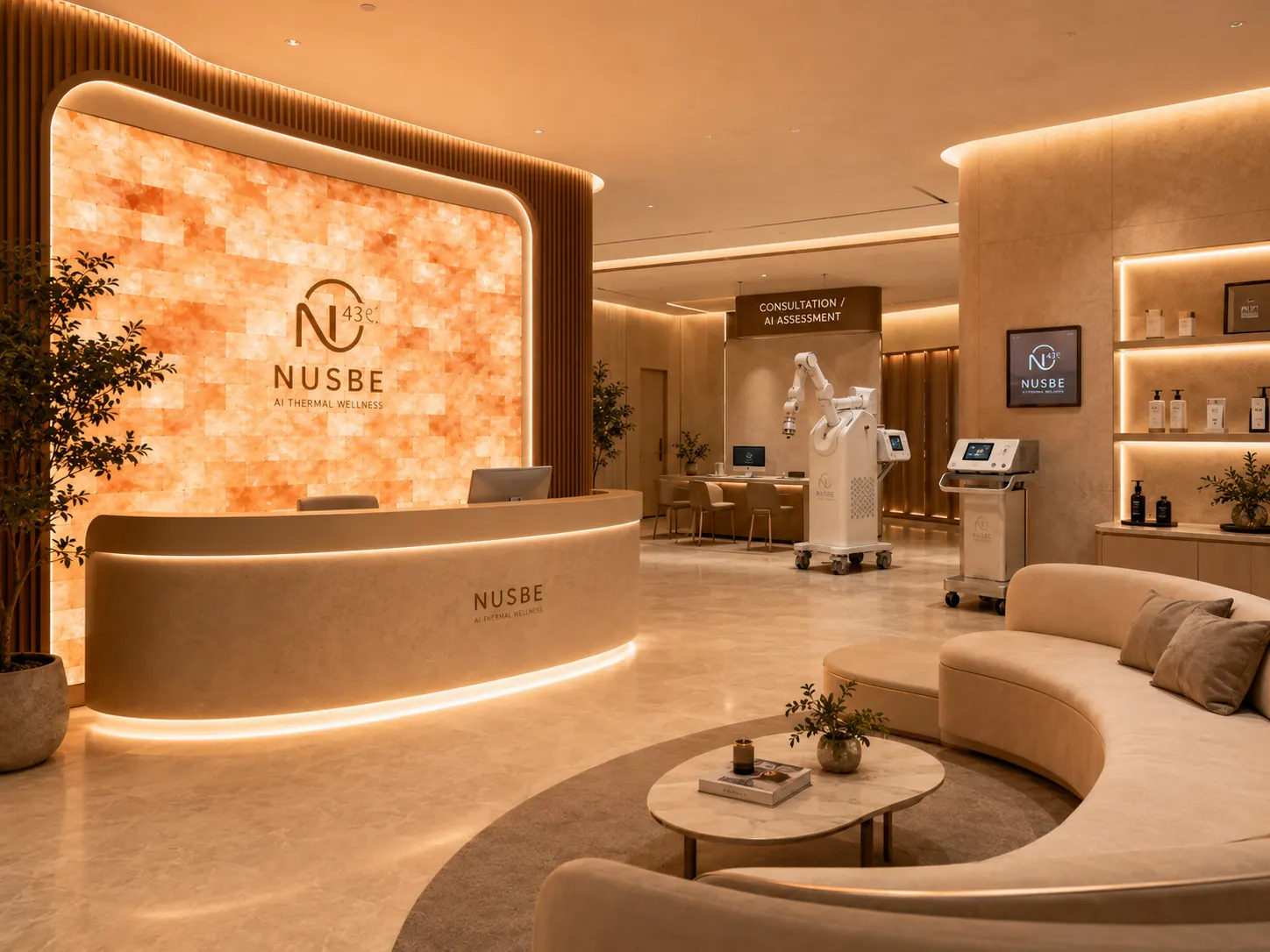 NUSBE interior design visualisation of a warm reception, consultation area and robotic system display