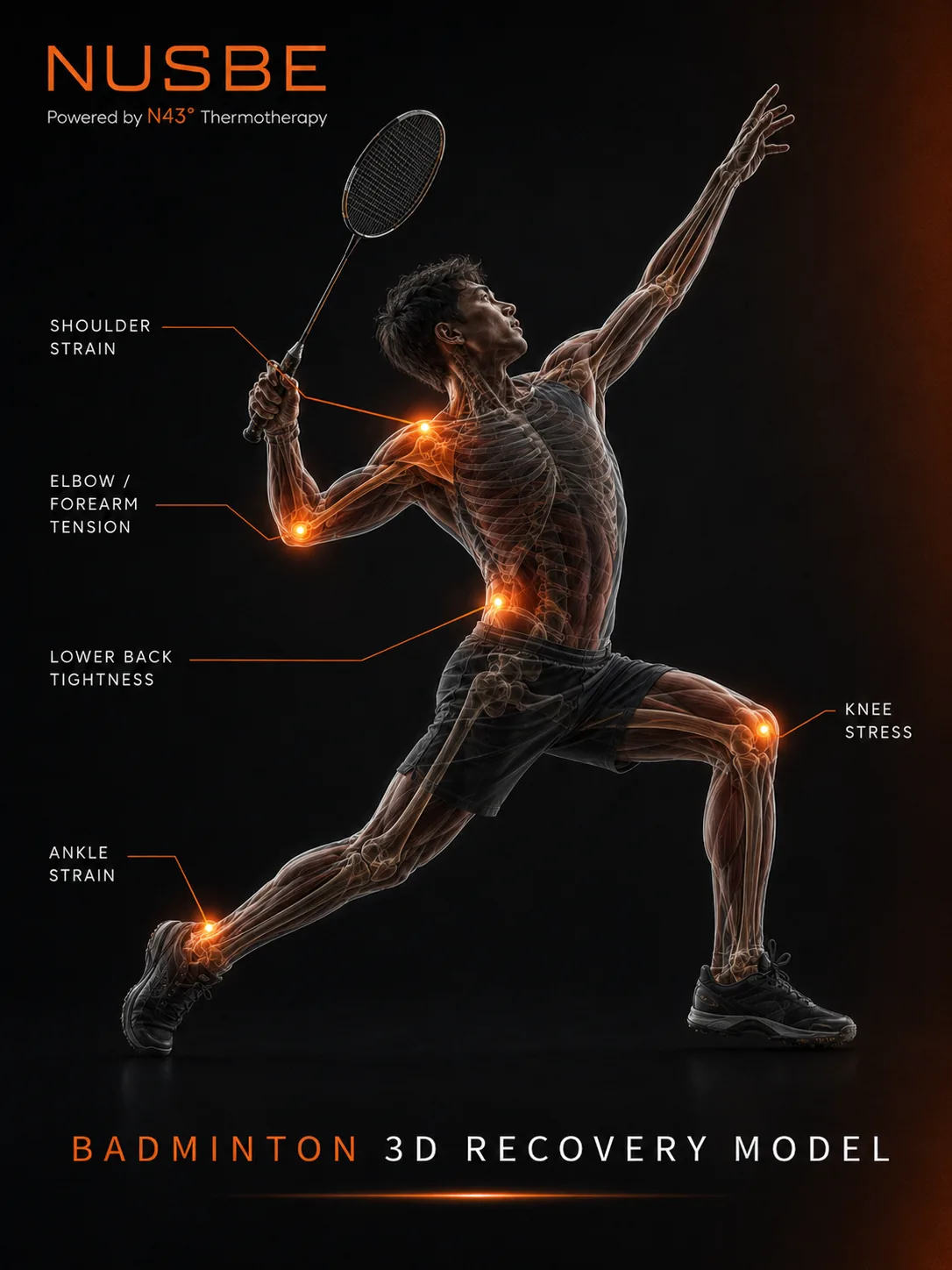 Badminton recovery model showing shoulder, forearm, lower back, knee and ankle load areas