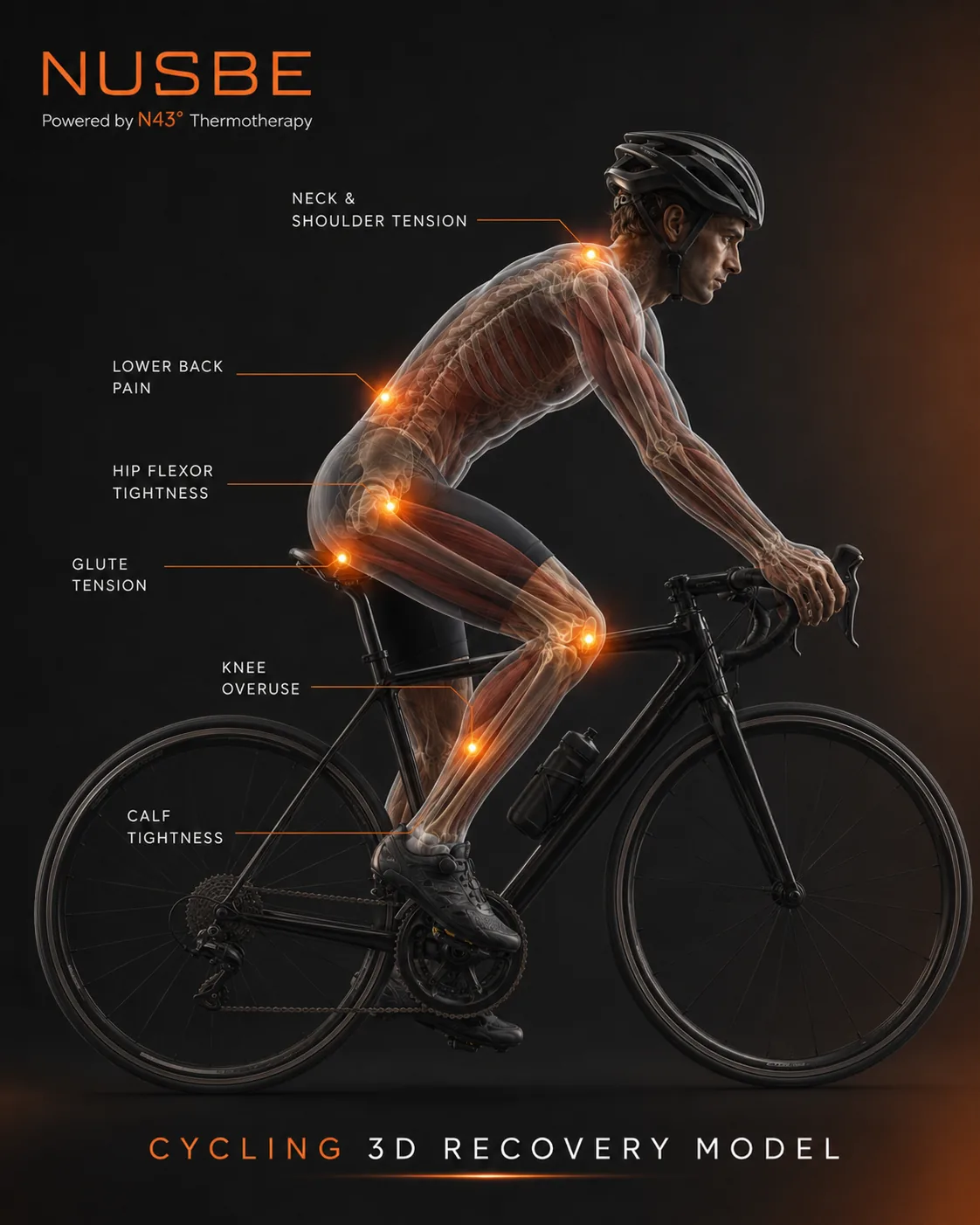 Cycling recovery model showing neck, shoulder, lower back, glute, quad and knee load areas