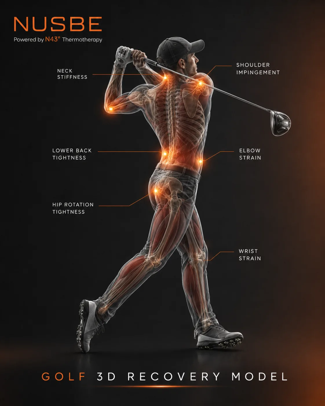 Golf recovery model showing neck, shoulder, lower back, hip and wrist load areas