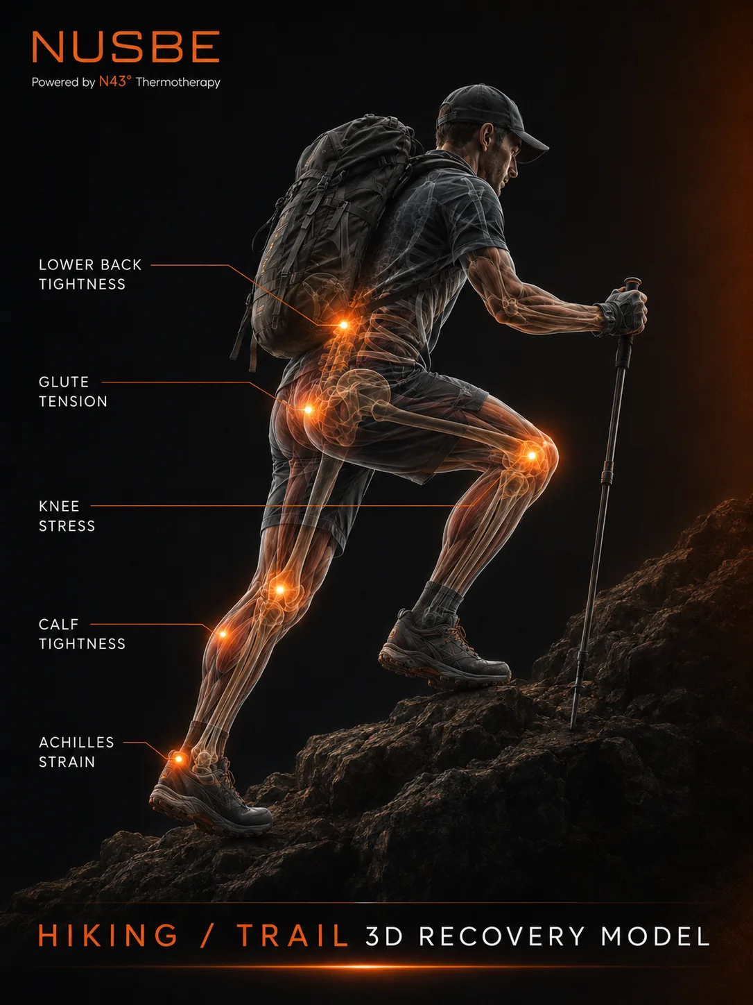Hiking recovery model showing shoulder, lower back, quad, knee, calf and foot load areas