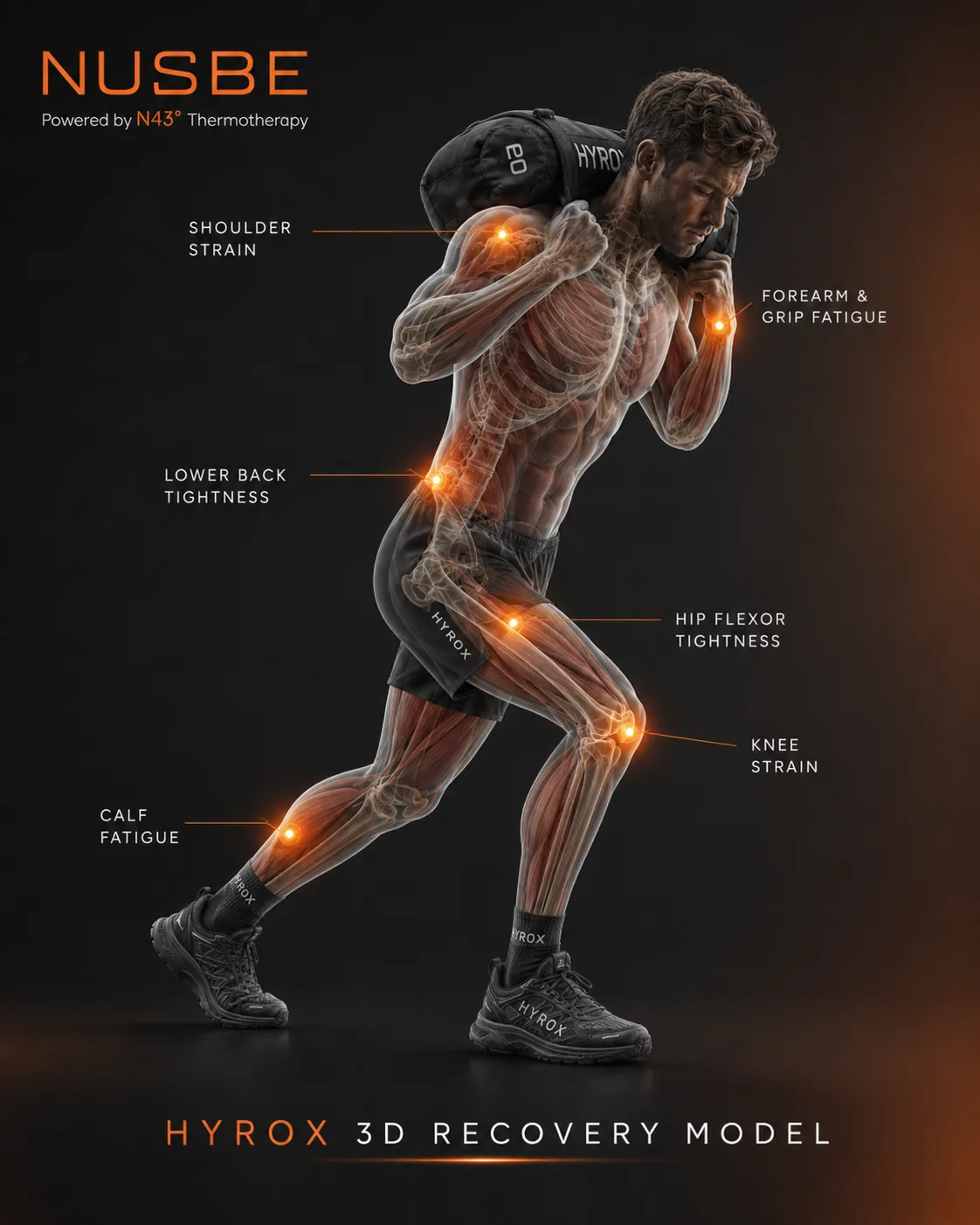 Hybrid racing recovery model showing shoulder, forearm, lower back, quad, knee and calf load areas