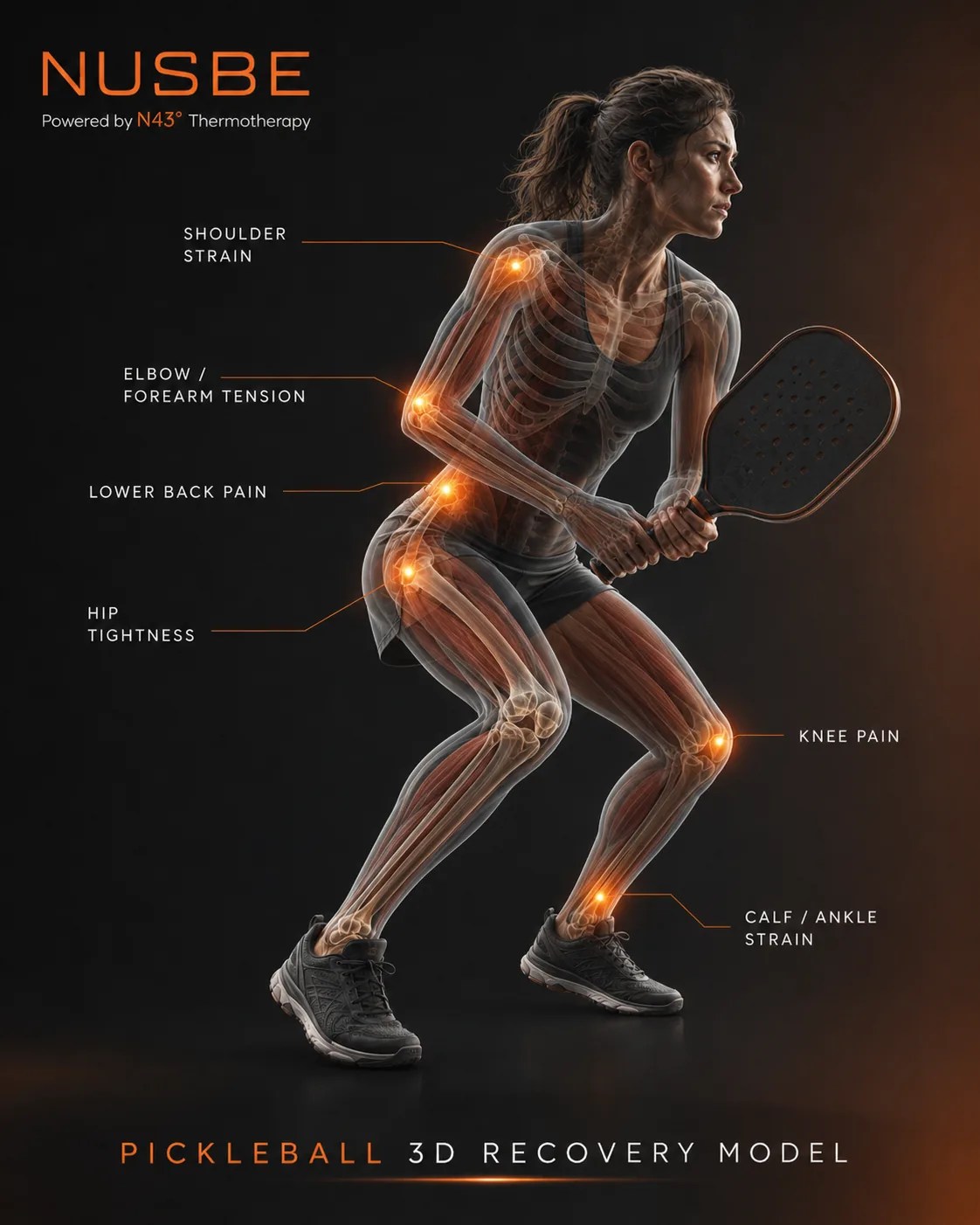 Pickleball recovery model showing shoulder, elbow, lower back, knee and ankle load areas