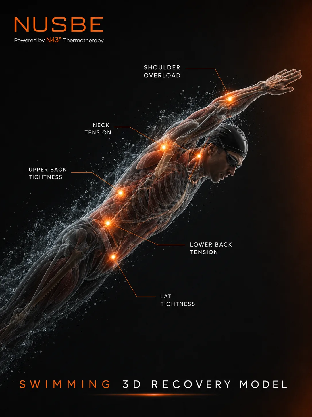 Swimming recovery model showing shoulder, upper back, neck, lower back and calf load areas
