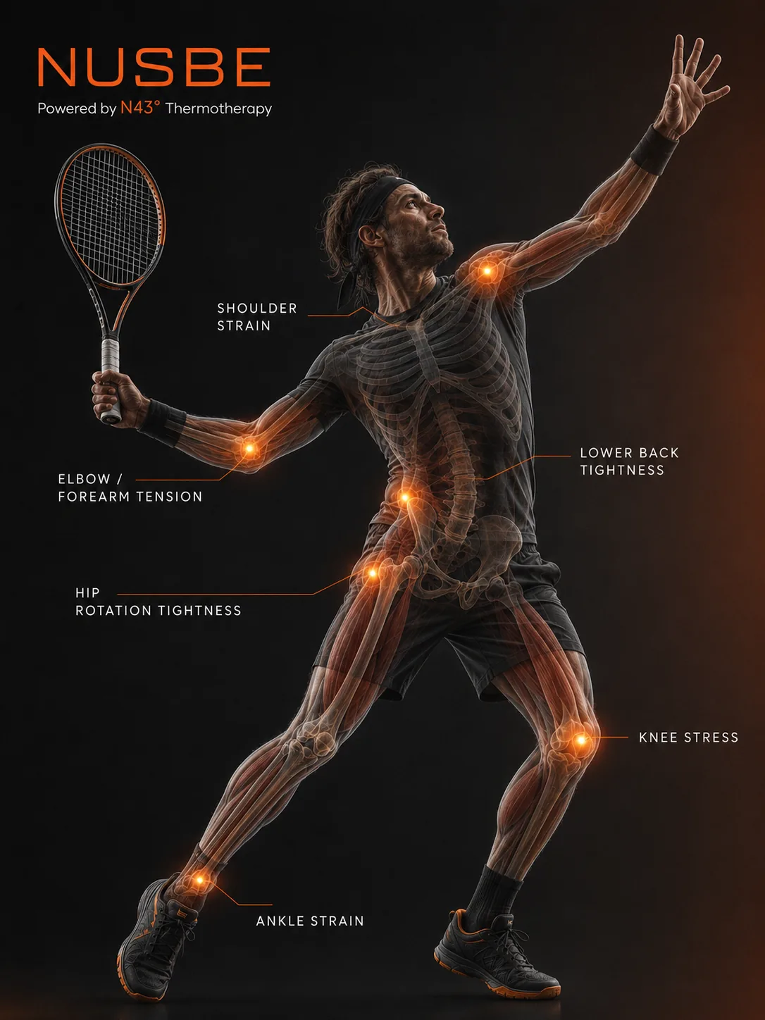 Tennis recovery model showing shoulder, elbow, lower back, hip, knee and ankle load areas