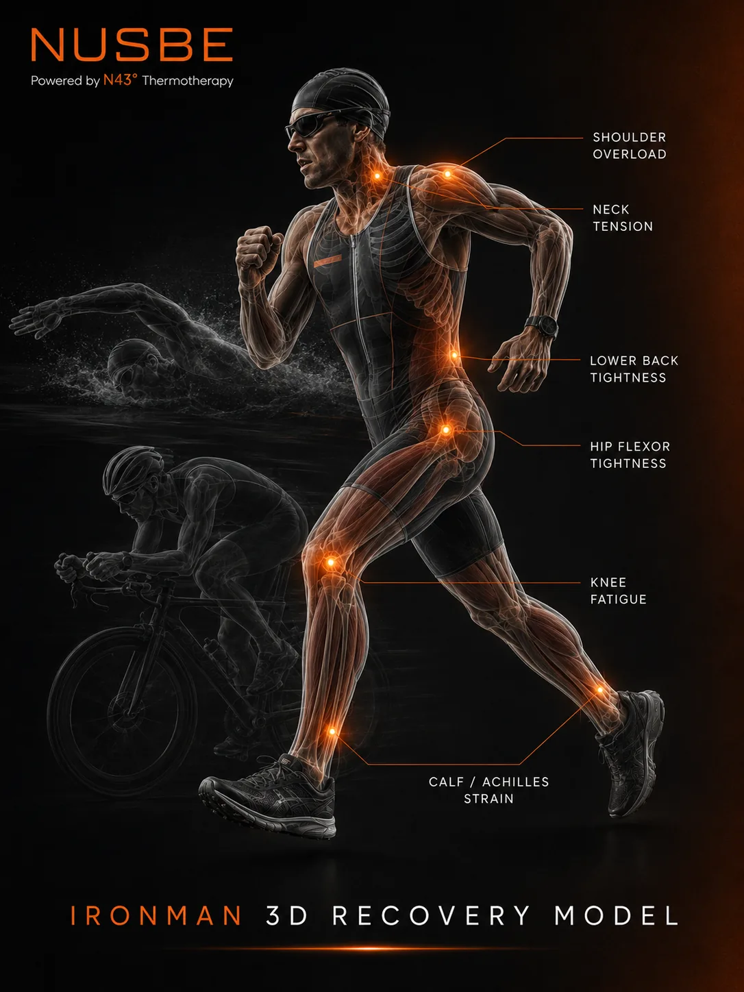 Triathlon recovery model showing shoulder, lower back, hip, quad, knee and calf load areas