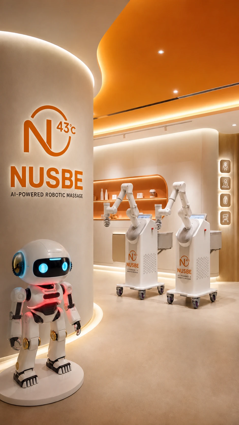 NUSBE store concept: welcome robot beside the N43 logo wall with two AI robotic massage machines