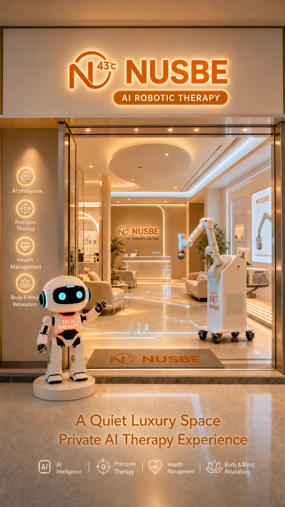 NUSBE storefront concept: a quiet luxury space for a private AI therapy experience