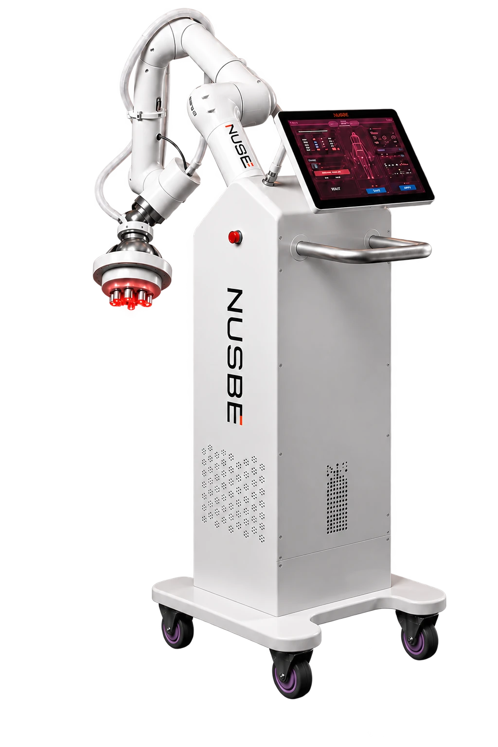 Complete white NUSBE robotic thermotherapy system with articulated arm, applicator, touchscreen and wheeled base