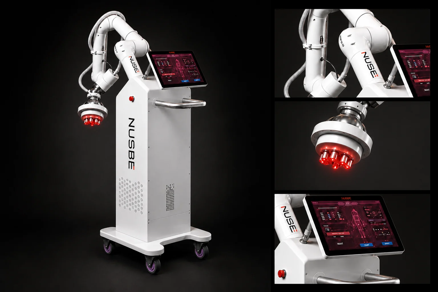 NUSBE system illustration with close views of the robotic arm, thermal applicator and operator console